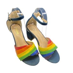 MODCLOTH Women Limitless Radiance Rainbow Denim Jean Sandals Heels Size 5 S-17